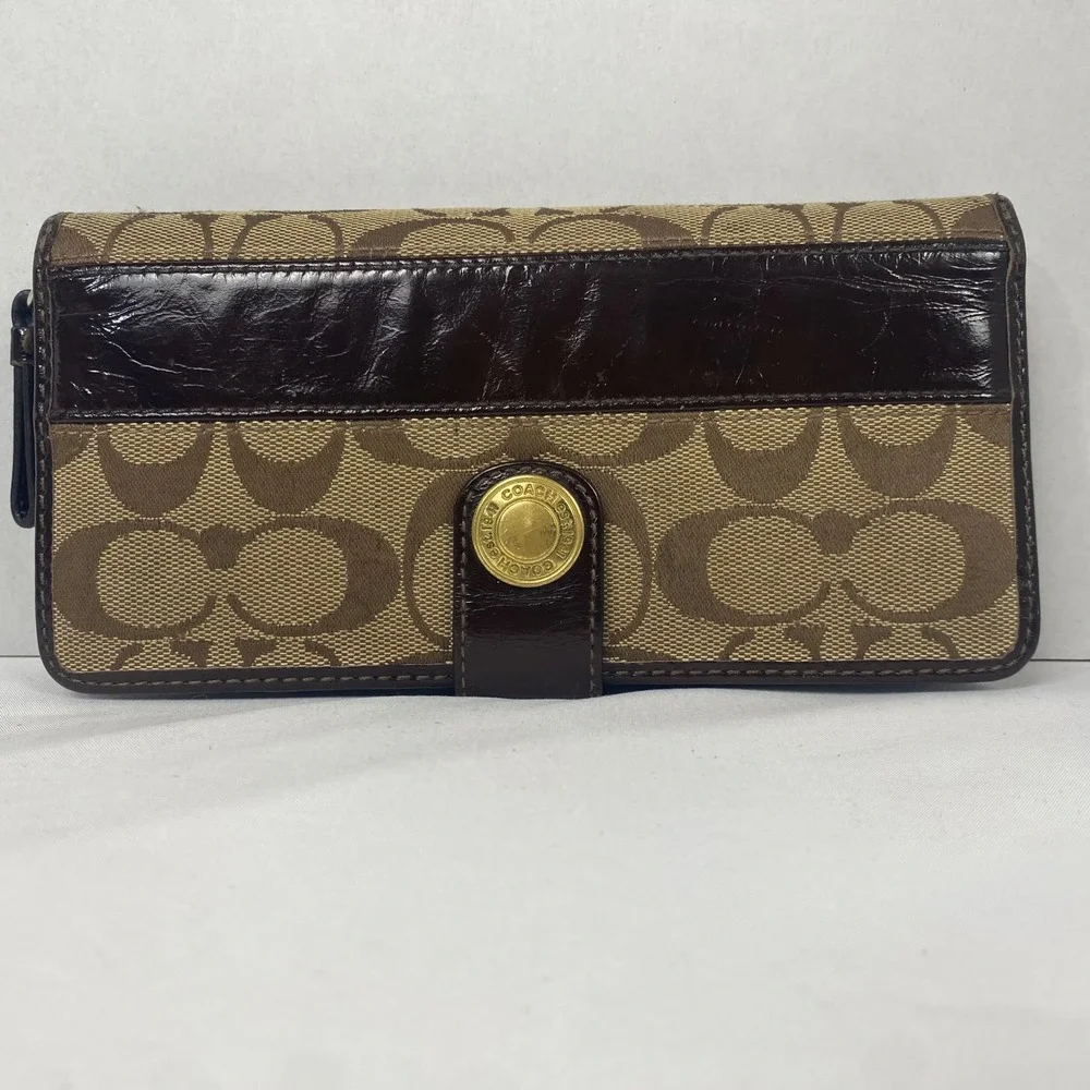Coach Womens Brown Signature Canvas‎ Monogram Legacy Stripe Tri-Fold Wallet Snap